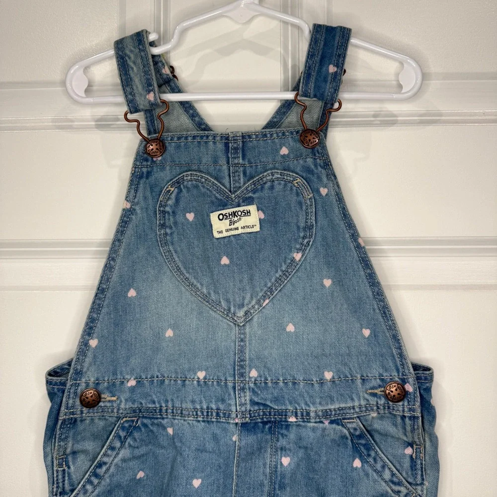 OshKosh Bgosh Girls Heart Print‎ Denim Overalls Size 5T Jumpsuit